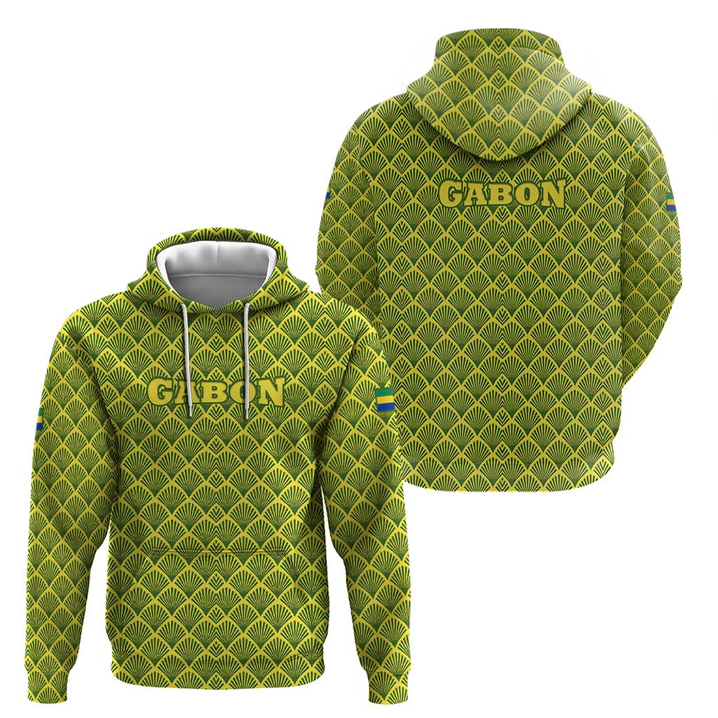 Gabon Tribal Pattern Hoodie with National Flag Colors and Bold Text Design TS04