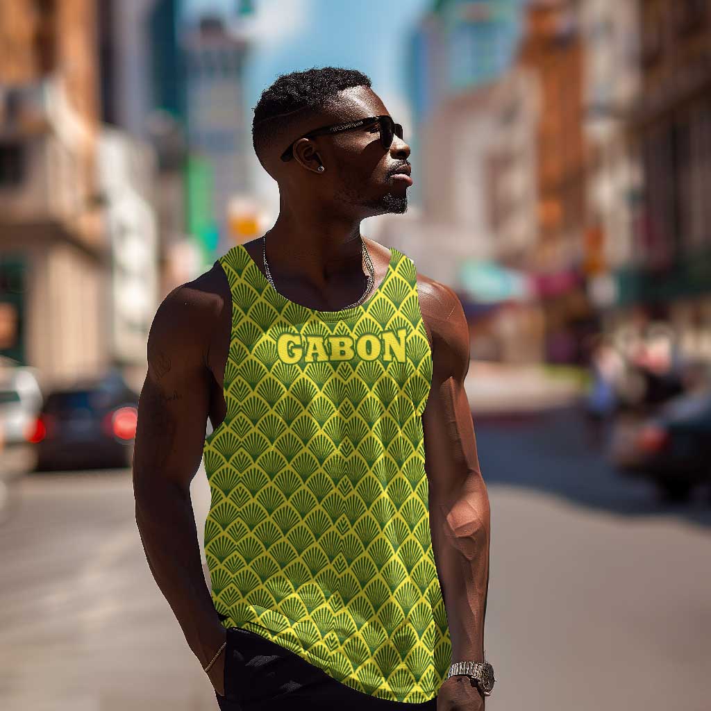 Gabon Tribal Pattern Men Tank Top - National Flag Colors and Bold Text Design TS04
