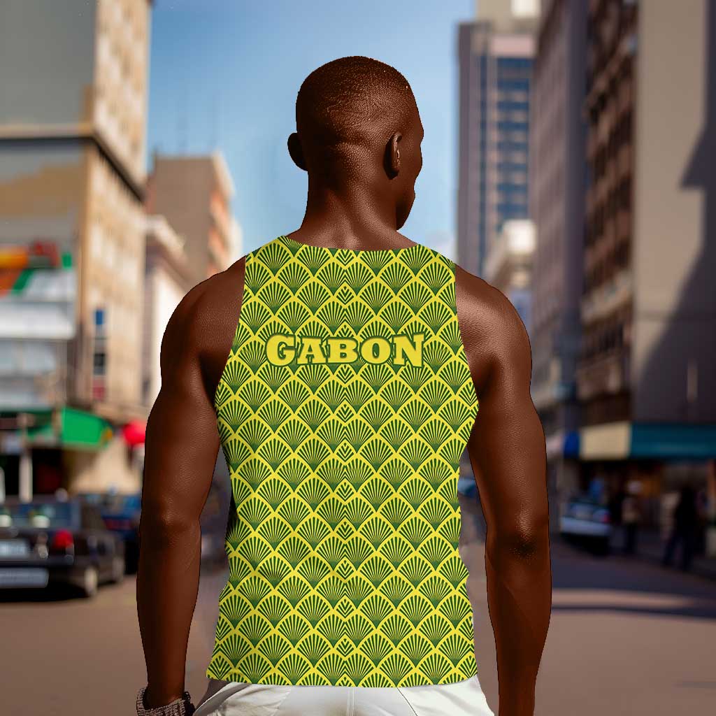 Gabon Tribal Pattern Men Tank Top - National Flag Colors and Bold Text Design TS04