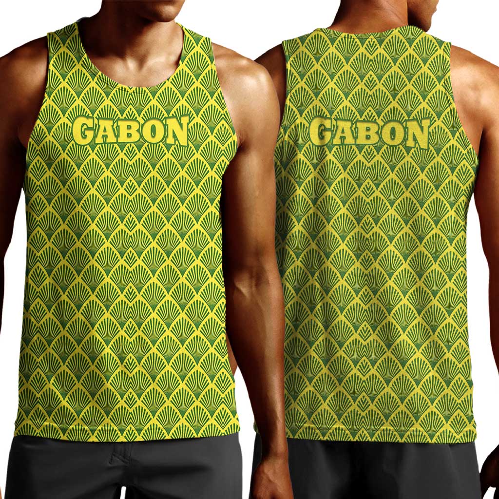 Gabon Tribal Pattern Men Tank Top - National Flag Colors and Bold Text Design TS04