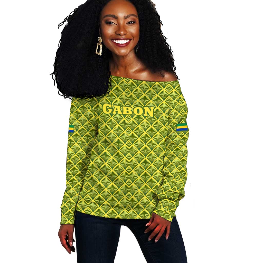Gabon Tribal Pattern Off Shoulder Sweater - National Flag Colors and Bold Text Design TS04
