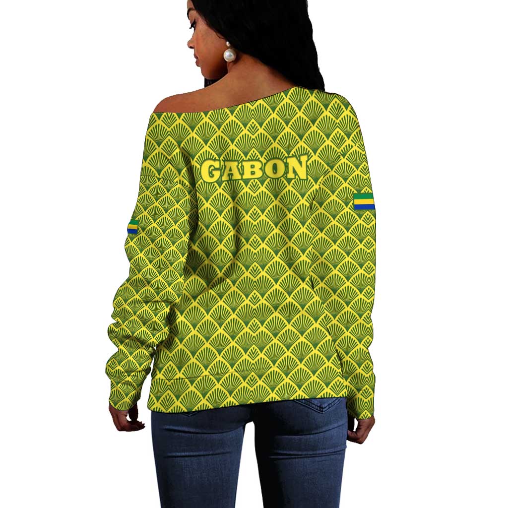Gabon Tribal Pattern Off Shoulder Sweater - National Flag Colors and Bold Text Design TS04