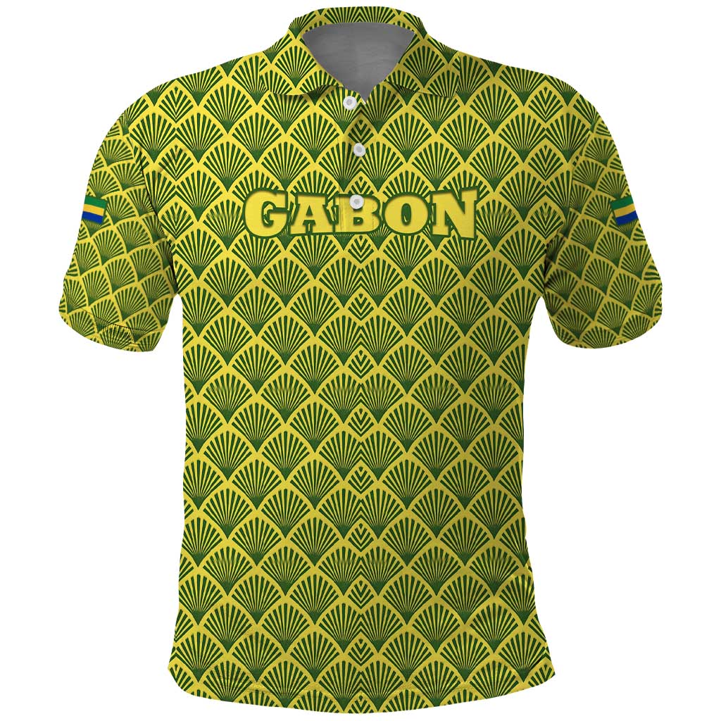 Gabon Tribal Pattern Polo Shirt with National Flag Colors and Bold Text Design TS04