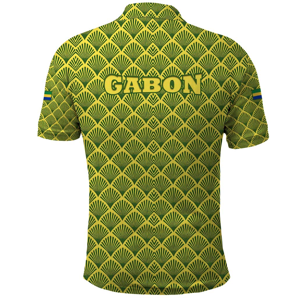 Gabon Tribal Pattern Polo Shirt with National Flag Colors and Bold Text Design TS04