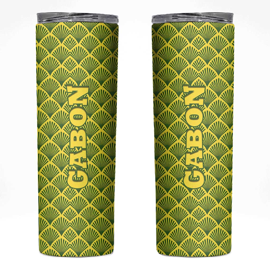 Gabon Tribal Pattern Skinny Tumbler - National Flag Colors and Bold Text Design TS04