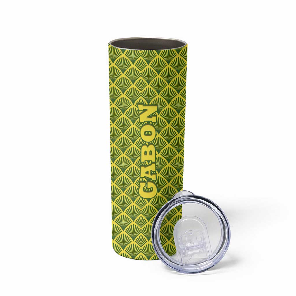 Gabon Tribal Pattern Skinny Tumbler - National Flag Colors and Bold Text Design TS04
