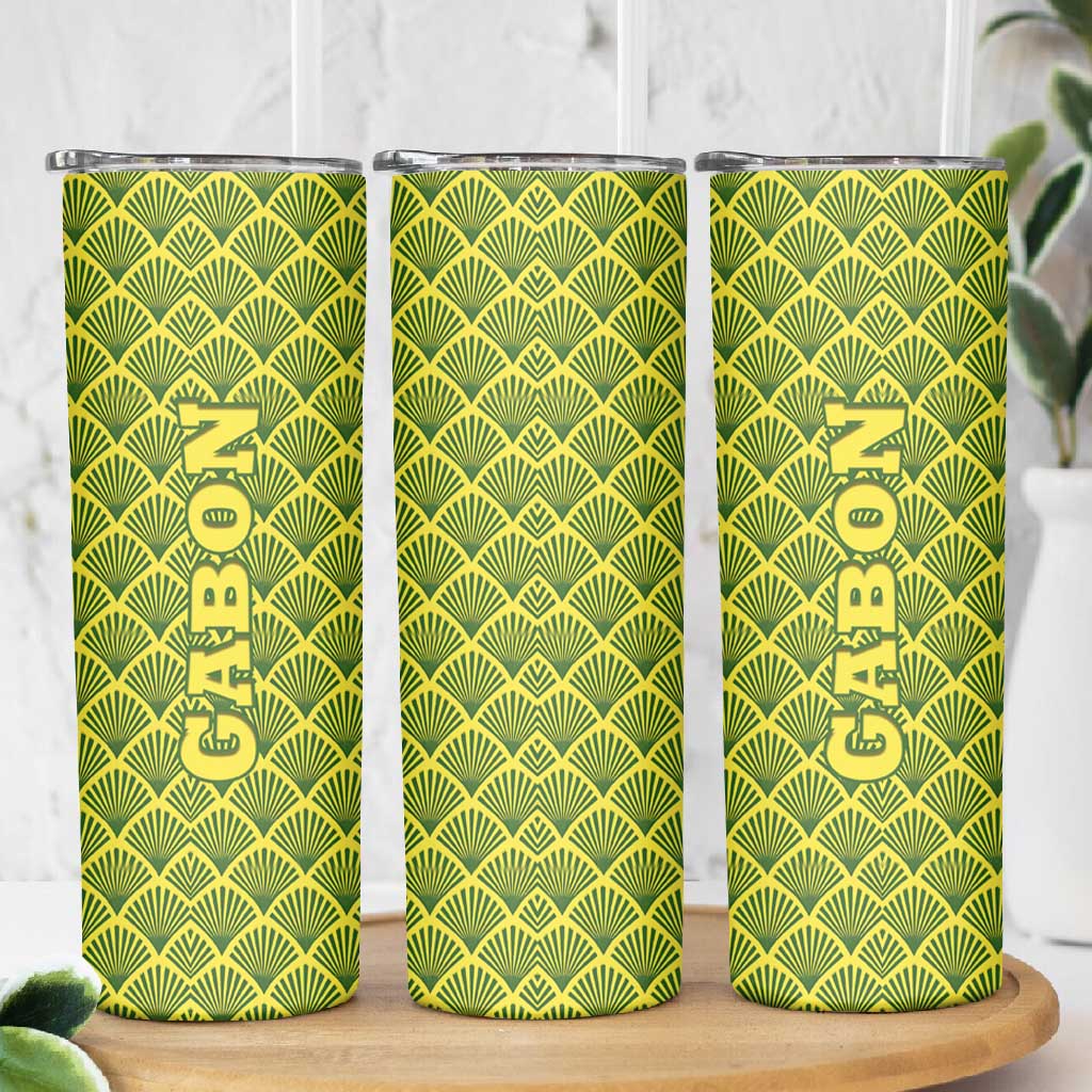 Gabon Tribal Pattern Skinny Tumbler - National Flag Colors and Bold Text Design TS04