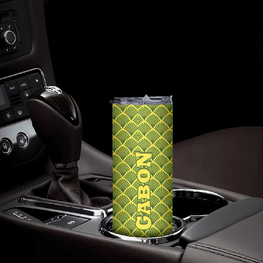 Gabon Tribal Pattern Skinny Tumbler - National Flag Colors and Bold Text Design TS04