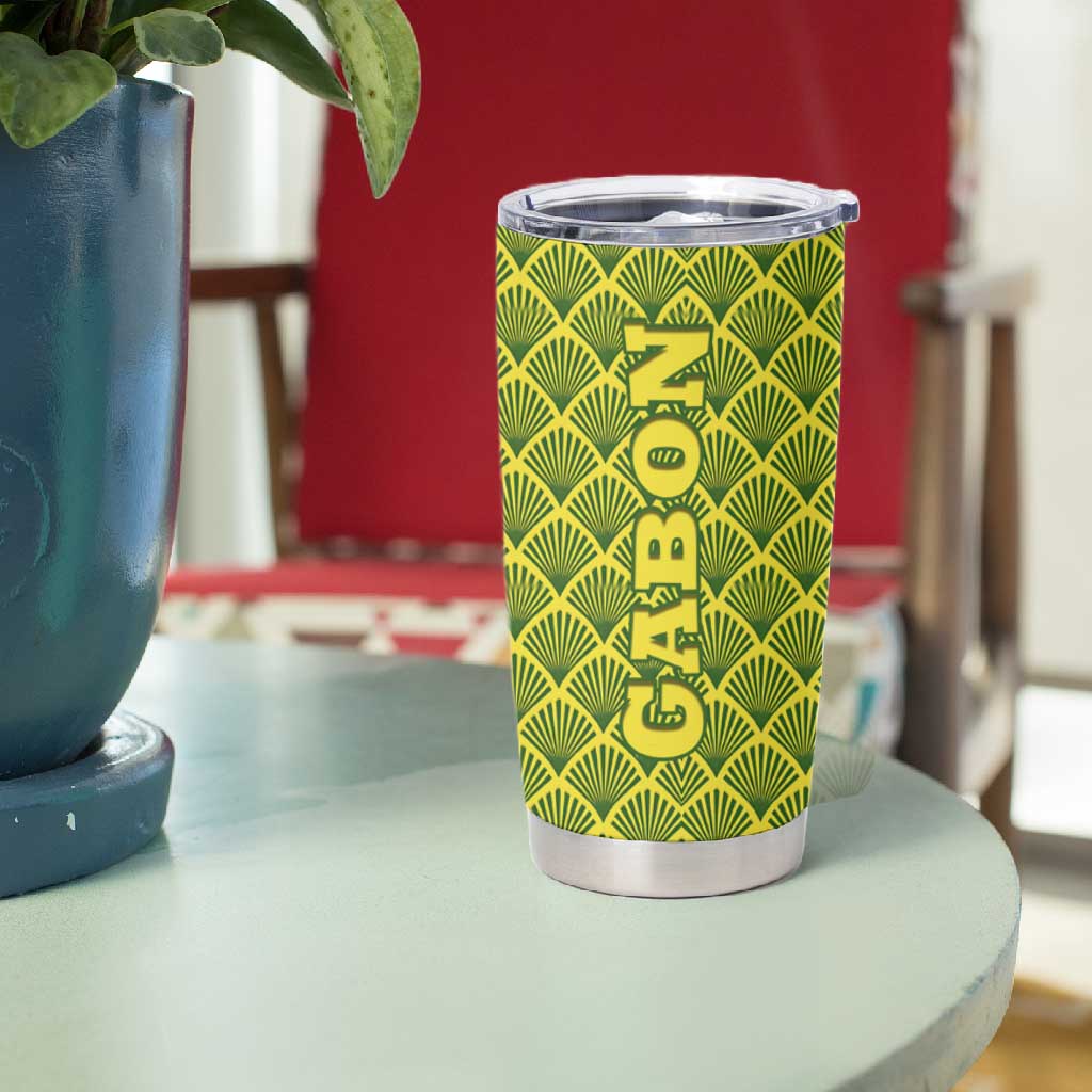 Gabon Tribal Pattern Tumbler Cup - National Flag Colors and Bold Text Design TS04