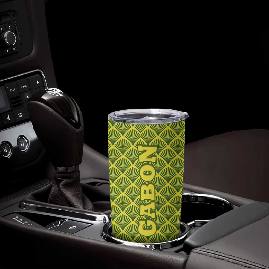 Gabon Tribal Pattern Tumbler Cup - National Flag Colors and Bold Text Design TS04