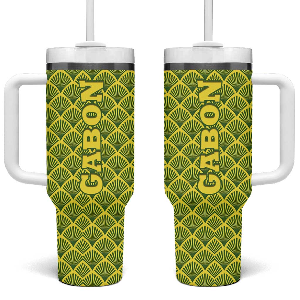 Gabon Tribal Pattern Tumbler With Handle - National Flag Colors and Bold Text Design TS04