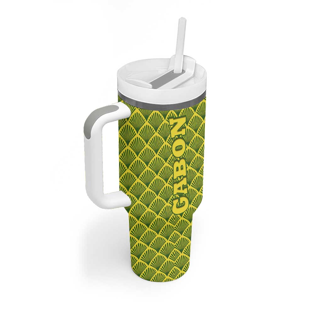 Gabon Tribal Pattern Tumbler With Handle - National Flag Colors and Bold Text Design TS04