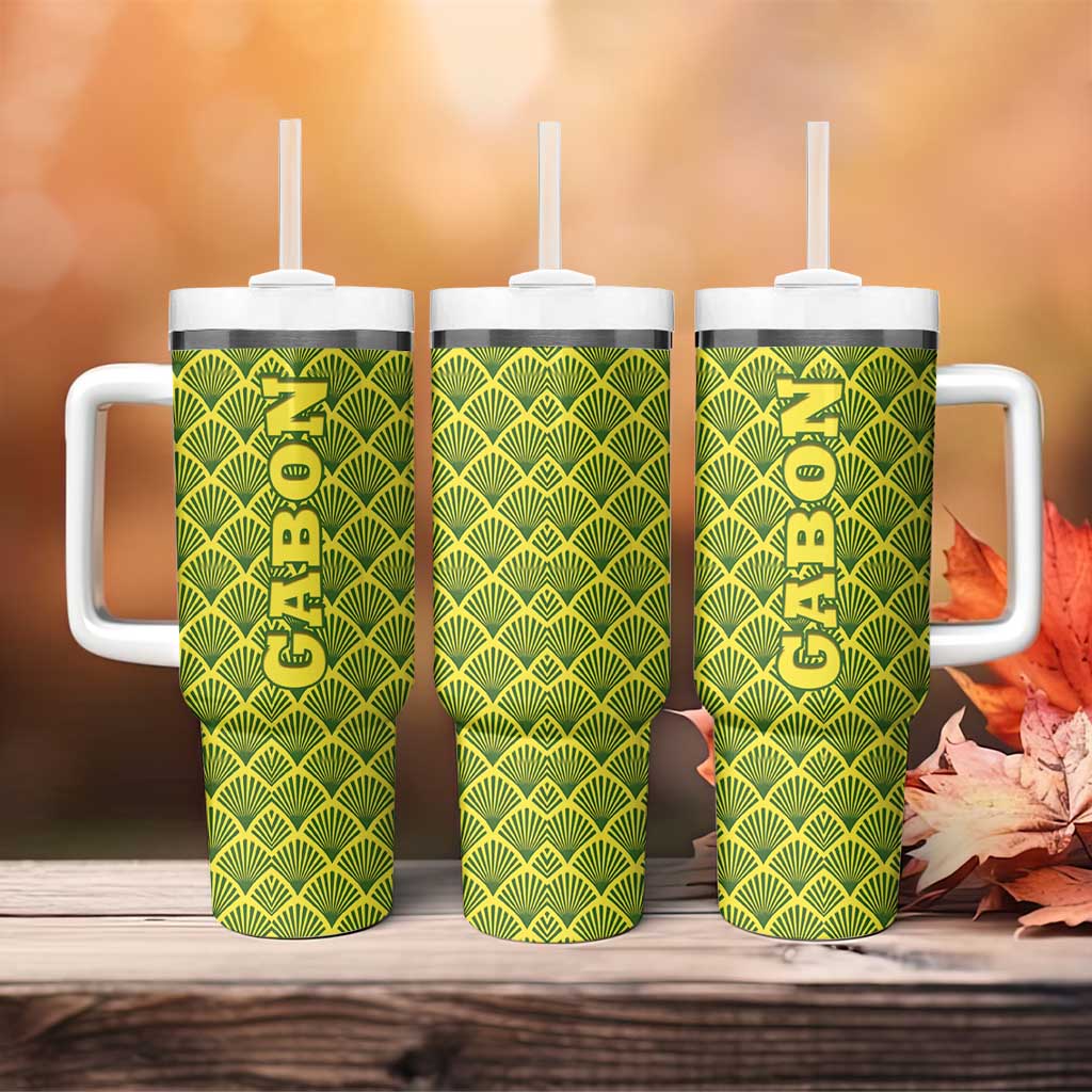 Gabon Tribal Pattern Tumbler With Handle - National Flag Colors and Bold Text Design TS04