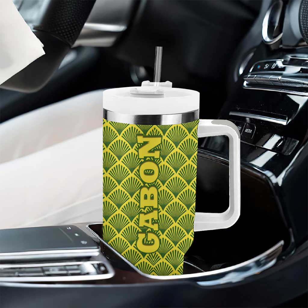 Gabon Tribal Pattern Tumbler With Handle - National Flag Colors and Bold Text Design TS04
