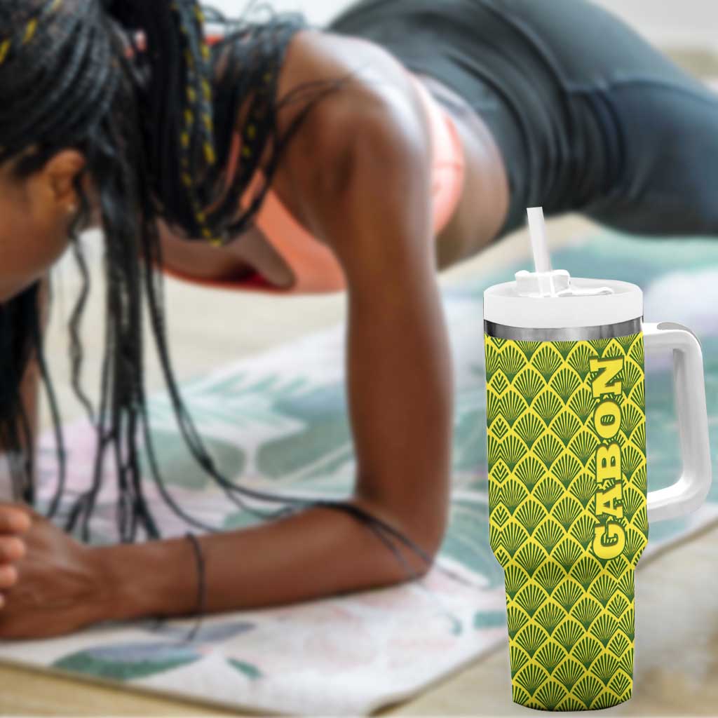 Gabon Tribal Pattern Tumbler With Handle - National Flag Colors and Bold Text Design TS04