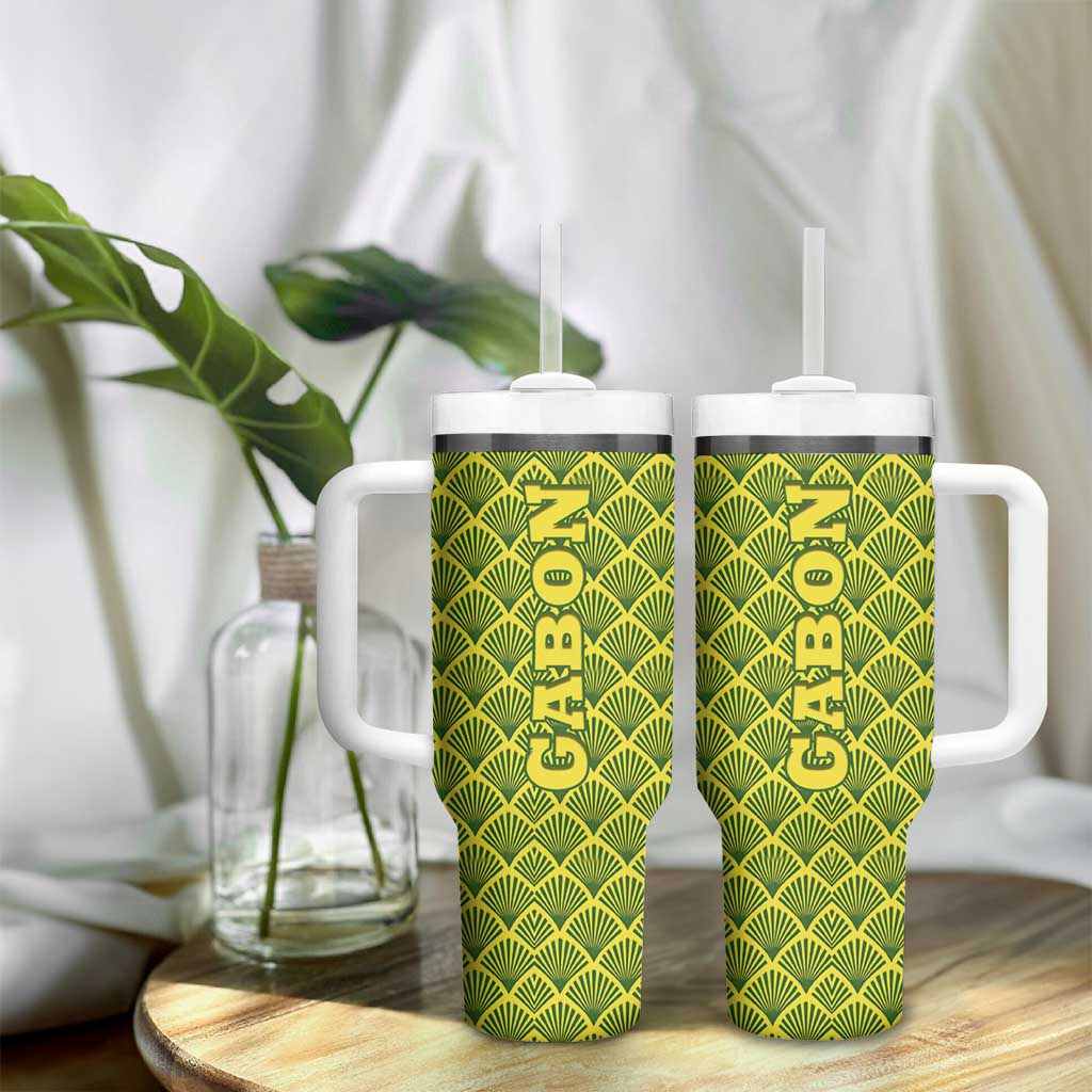 Gabon Tribal Pattern Tumbler With Handle - National Flag Colors and Bold Text Design TS04