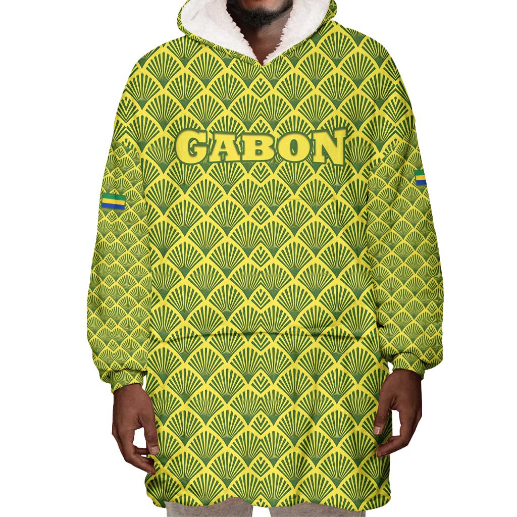 Gabon Tribal Pattern Wearable Blanket Hoodie - National Flag Colors and Bold Text Design TS04