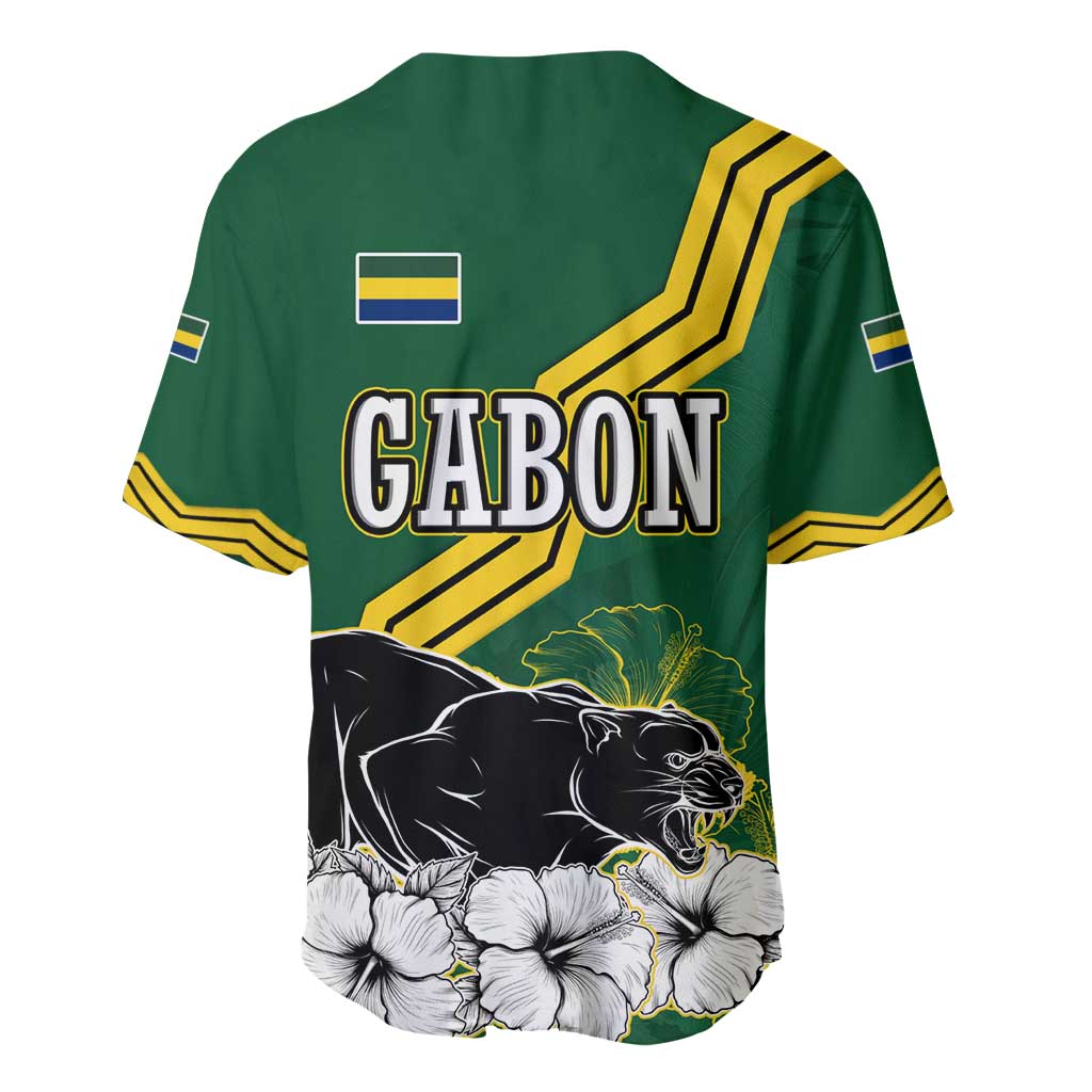 Gabon Baseball Jersey - Black Panther Graphic and Hibiscus Flower Design in National Colors TS04
