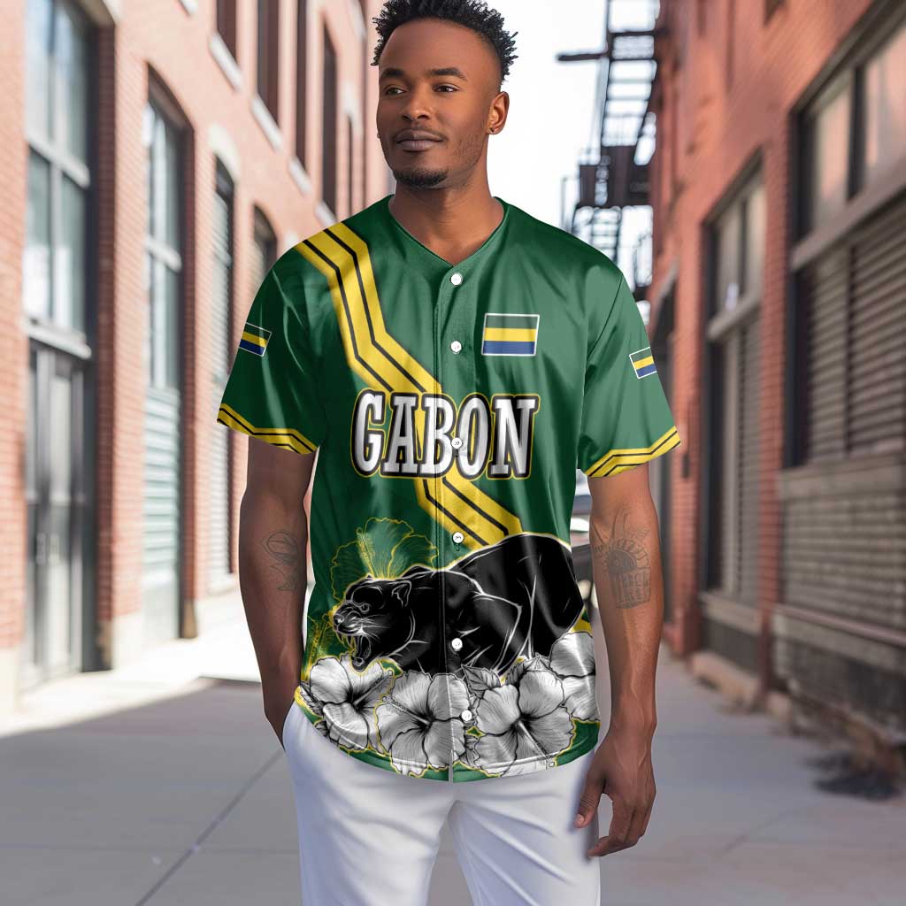 Gabon Baseball Jersey - Black Panther Graphic and Hibiscus Flower Design in National Colors TS04