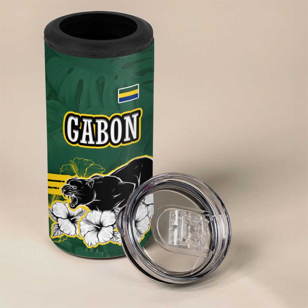 Gabon 4 in 1 Can Cooler Tumbler - Black Panther Graphic and Hibiscus Flower Design in National Colors TS04