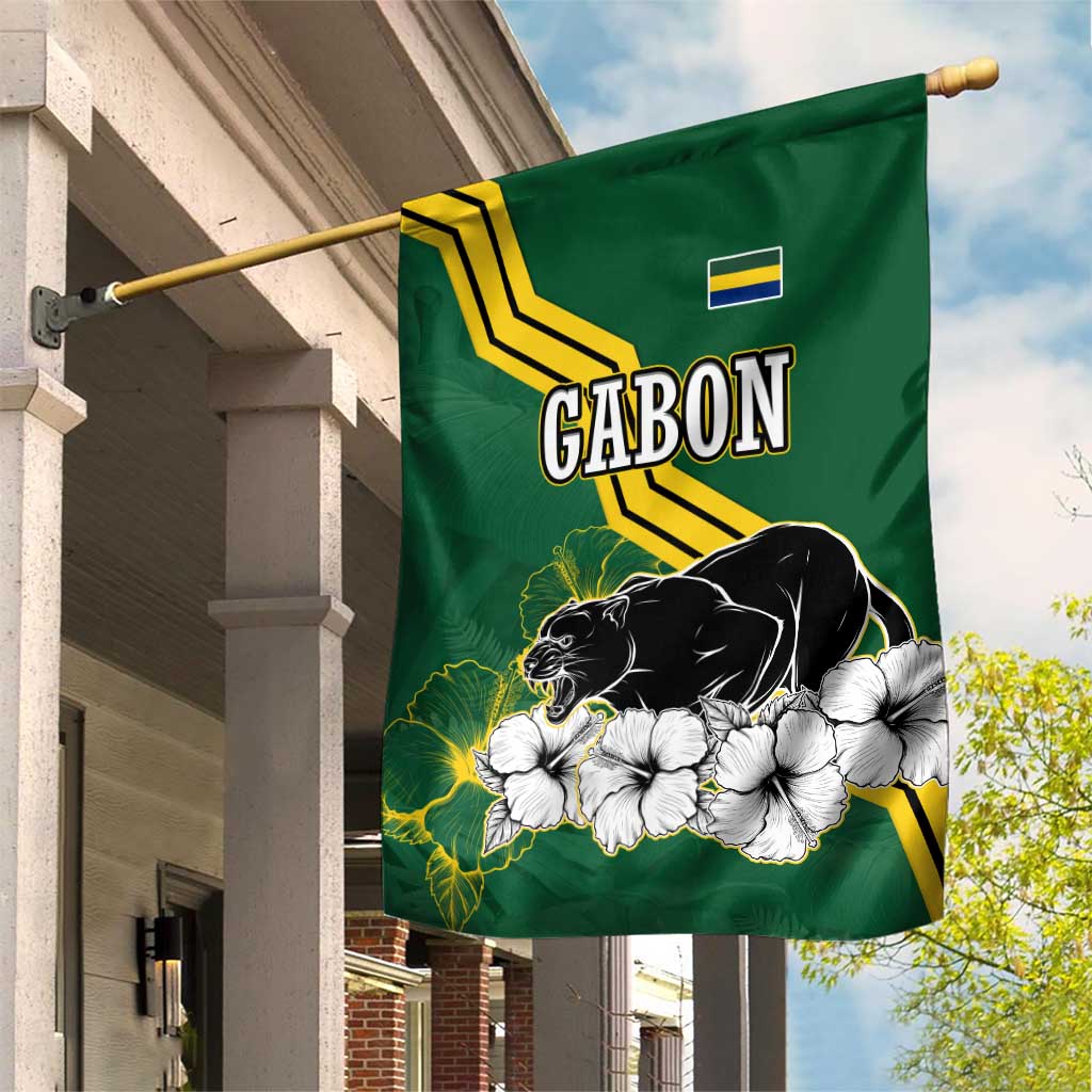 Gabon Garden Flag - Black Panther Graphic and Hibiscus Flower Design in National Colors TS04