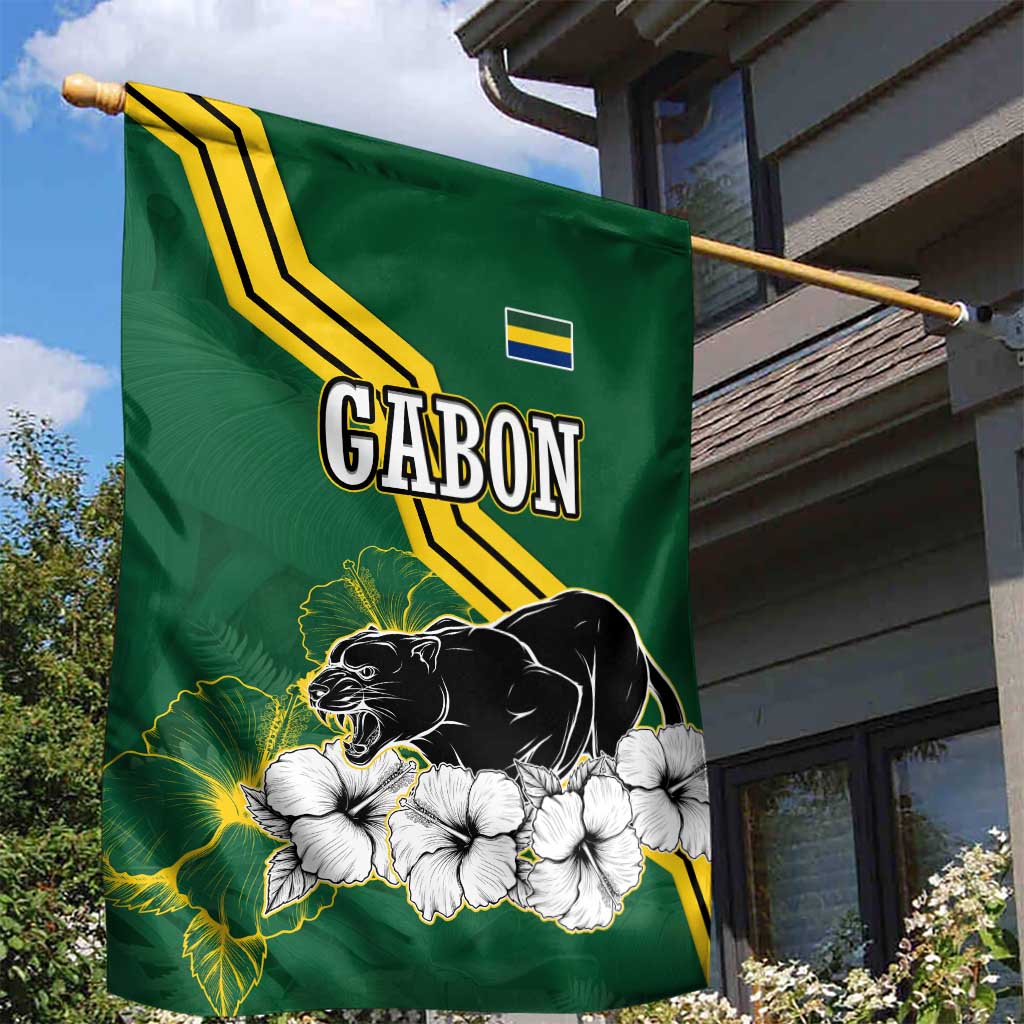 Gabon Garden Flag - Black Panther Graphic and Hibiscus Flower Design in National Colors TS04