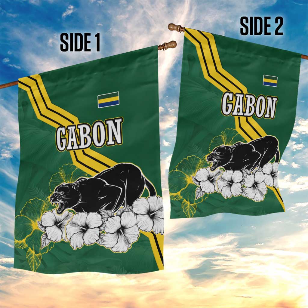 Gabon Garden Flag - Black Panther Graphic and Hibiscus Flower Design in National Colors TS04