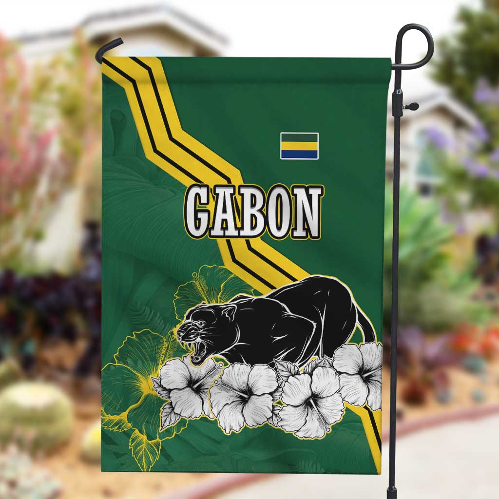 Gabon Garden Flag - Black Panther Graphic and Hibiscus Flower Design in National Colors TS04