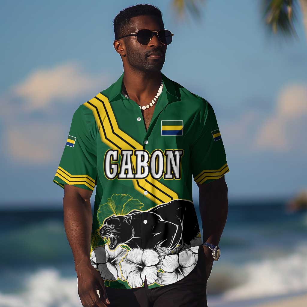Gabon Hawaiian Shirt - Black Panther Graphic and Hibiscus Flower Design in National Colors TS04