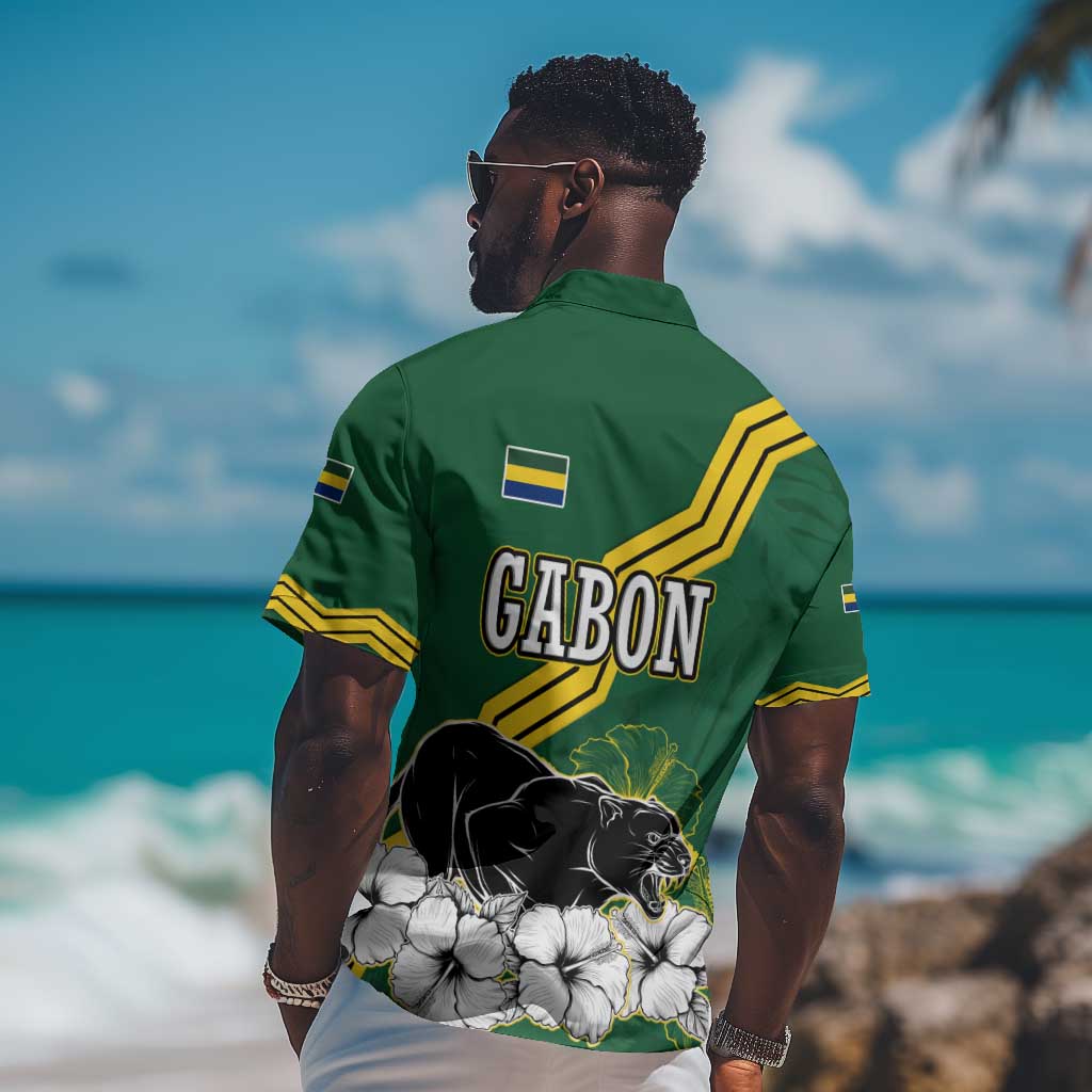 Gabon Hawaiian Shirt - Black Panther Graphic and Hibiscus Flower Design in National Colors TS04