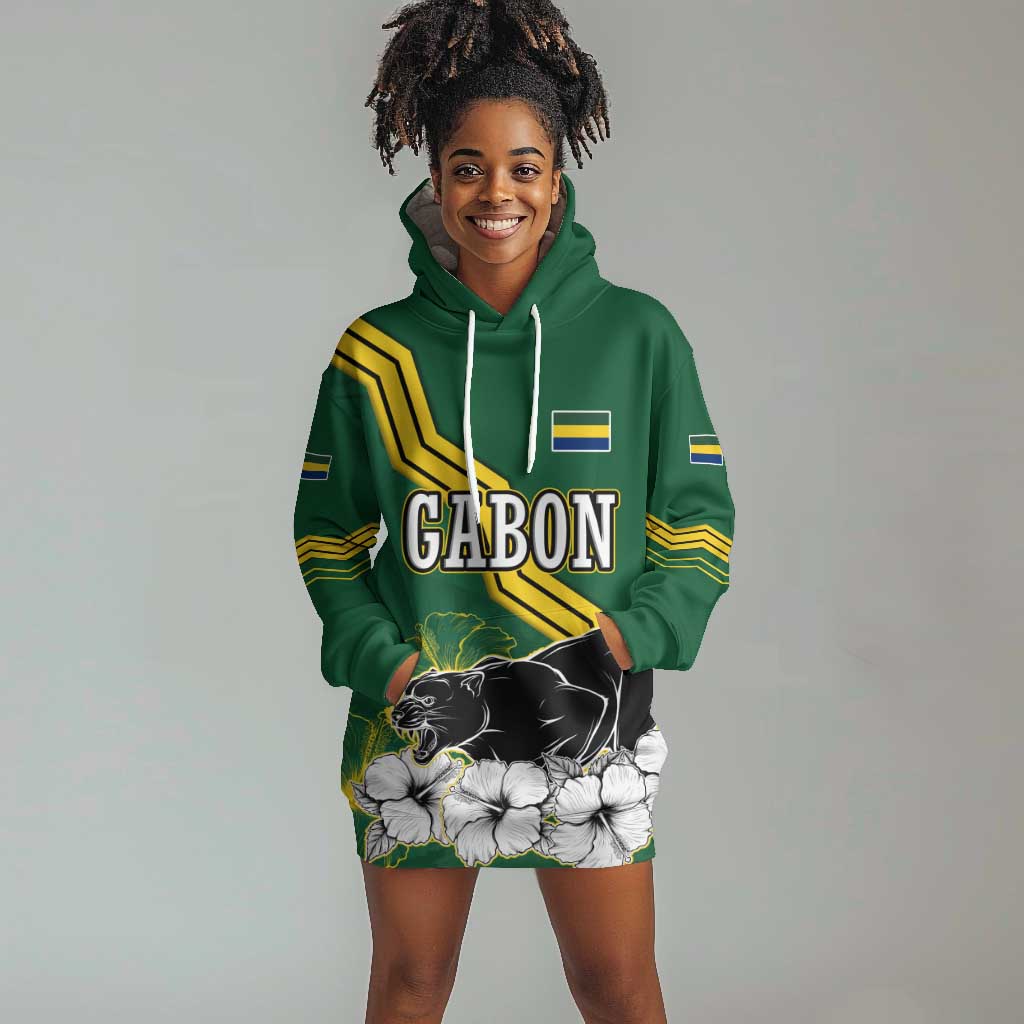 Gabon Hoodie Dress - Black Panther Graphic and Hibiscus Flower Design in National Colors TS04