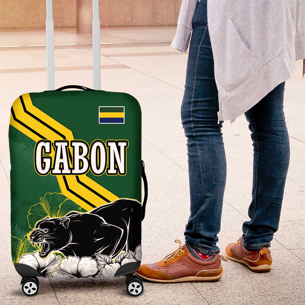 Gabon Luggage Cover with Black Panther Graphic and Hibiscus Flower Design in National Colors TS04