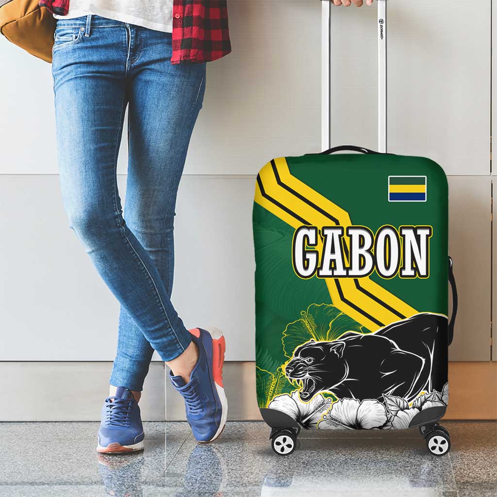 Gabon Luggage Cover with Black Panther Graphic and Hibiscus Flower Design in National Colors TS04