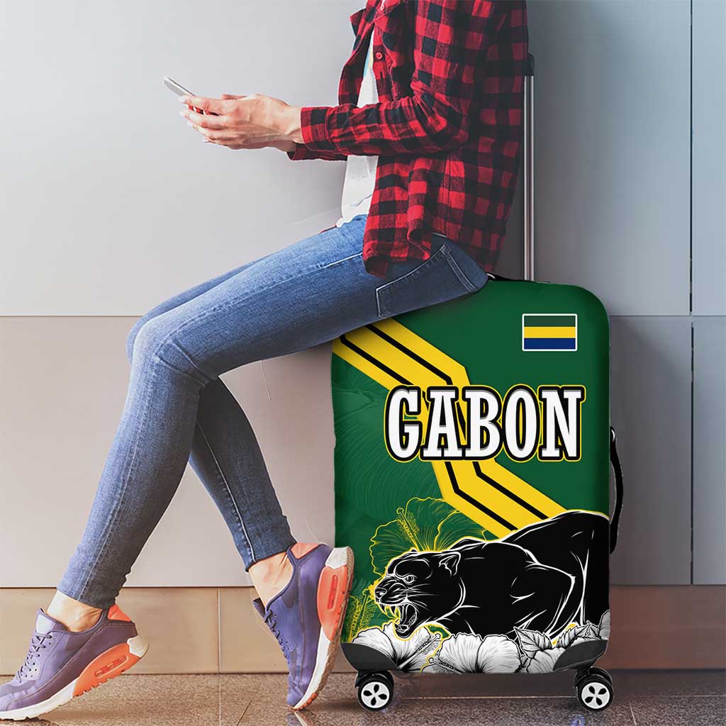 Gabon Luggage Cover with Black Panther Graphic and Hibiscus Flower Design in National Colors TS04