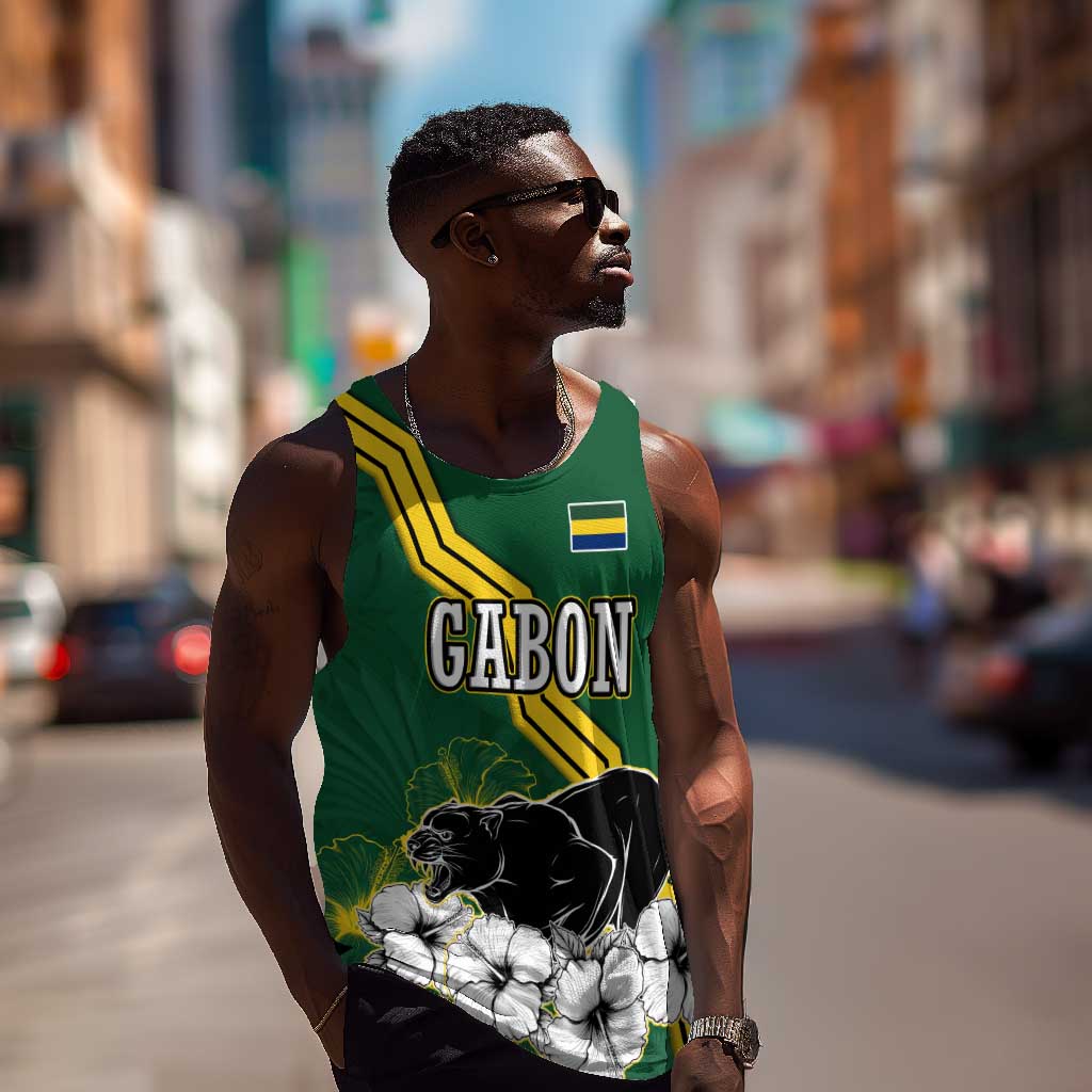 Gabon Men Tank Top - Black Panther Graphic and Hibiscus Flower Design in National Colors TS04
