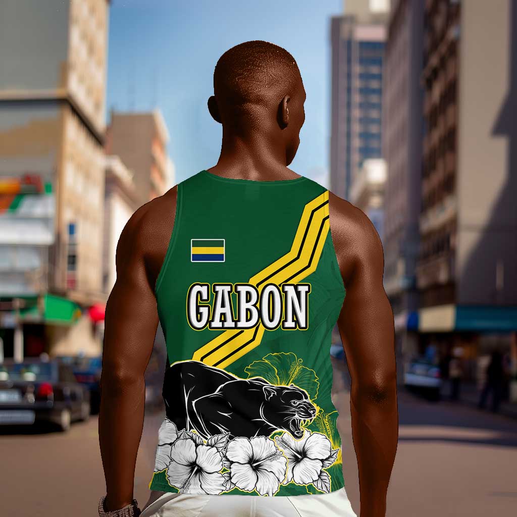 Gabon Men Tank Top - Black Panther Graphic and Hibiscus Flower Design in National Colors TS04
