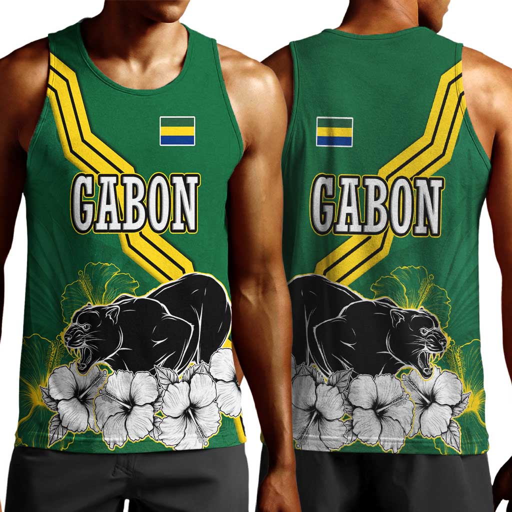 Gabon Men Tank Top - Black Panther Graphic and Hibiscus Flower Design in National Colors TS04
