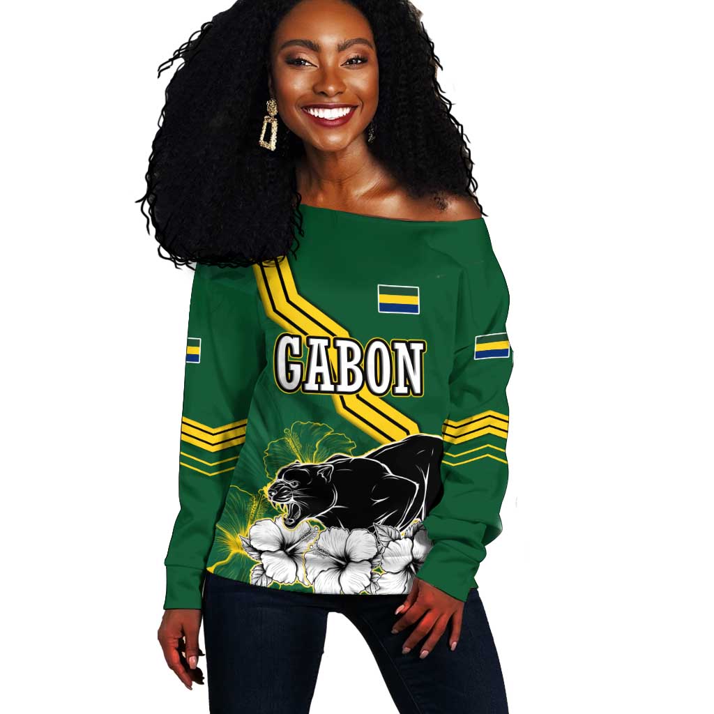 Gabon Off Shoulder Sweater - Black Panther Graphic and Hibiscus Flower Design in National Colors TS04
