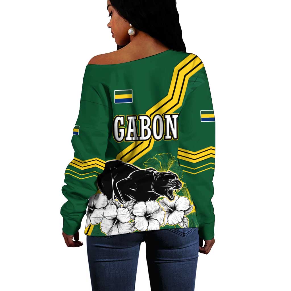 Gabon Off Shoulder Sweater - Black Panther Graphic and Hibiscus Flower Design in National Colors TS04