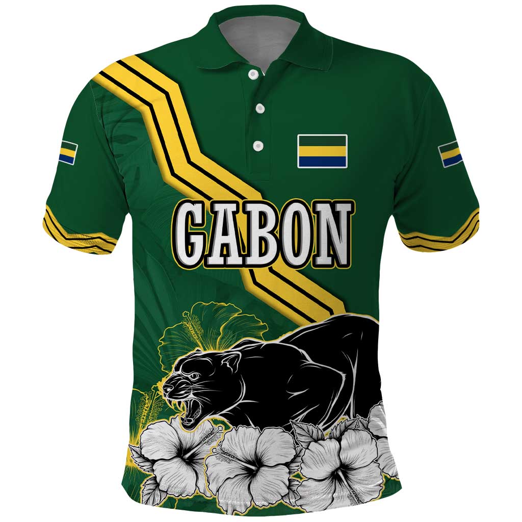Gabon Polo Shirt with Black Panther Graphic and Hibiscus Flower Design in National Colors TS04