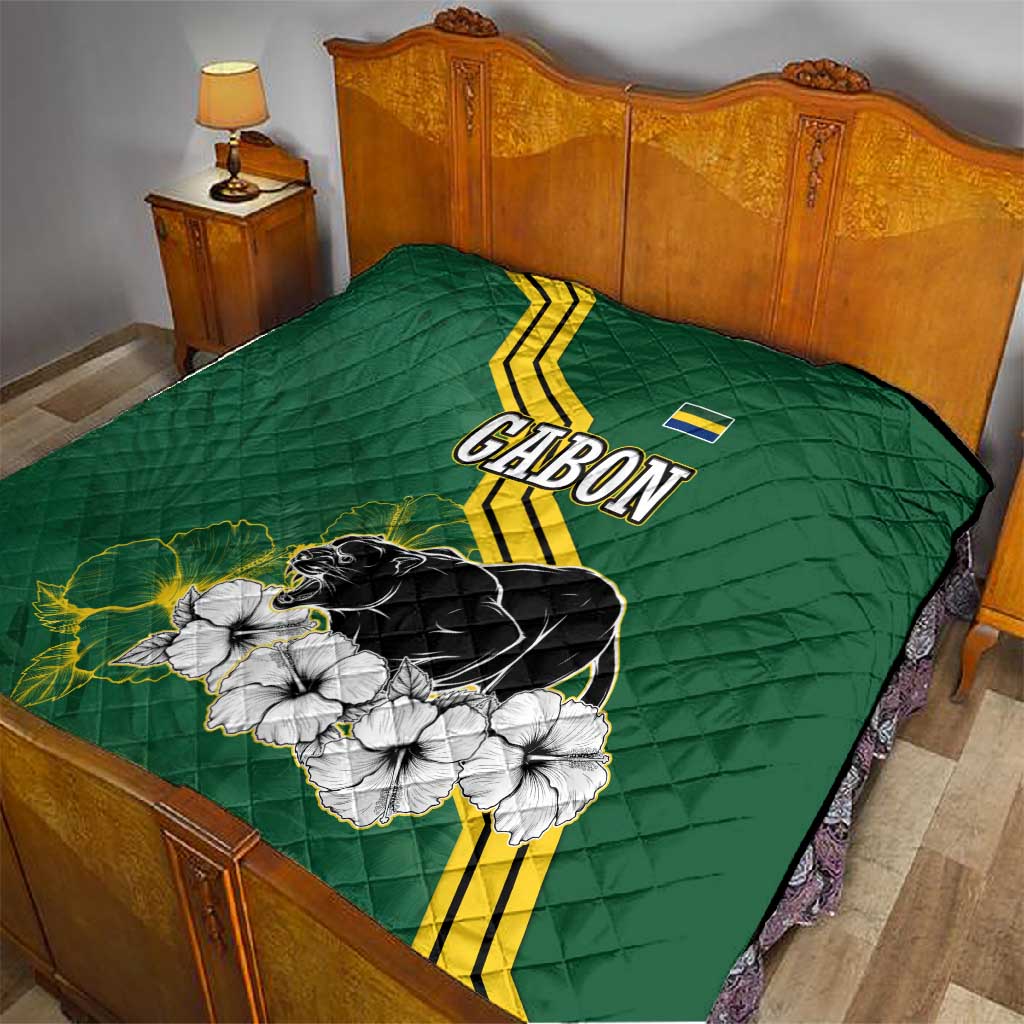 Gabon Quilt - Black Panther Graphic and Hibiscus Flower Design in National Colors TS04