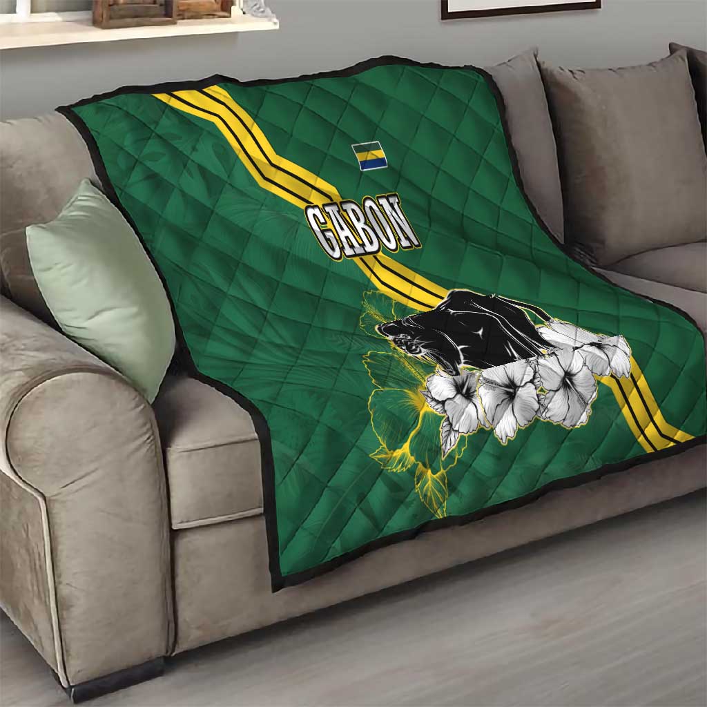 Gabon Quilt - Black Panther Graphic and Hibiscus Flower Design in National Colors TS04