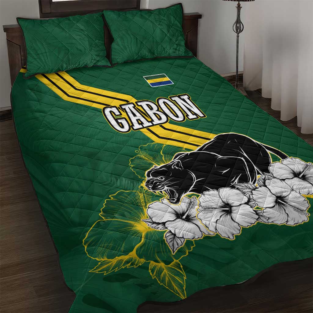 Gabon Quilt Bed Set - Black Panther Graphic and Hibiscus Flower Design in National Colors TS04