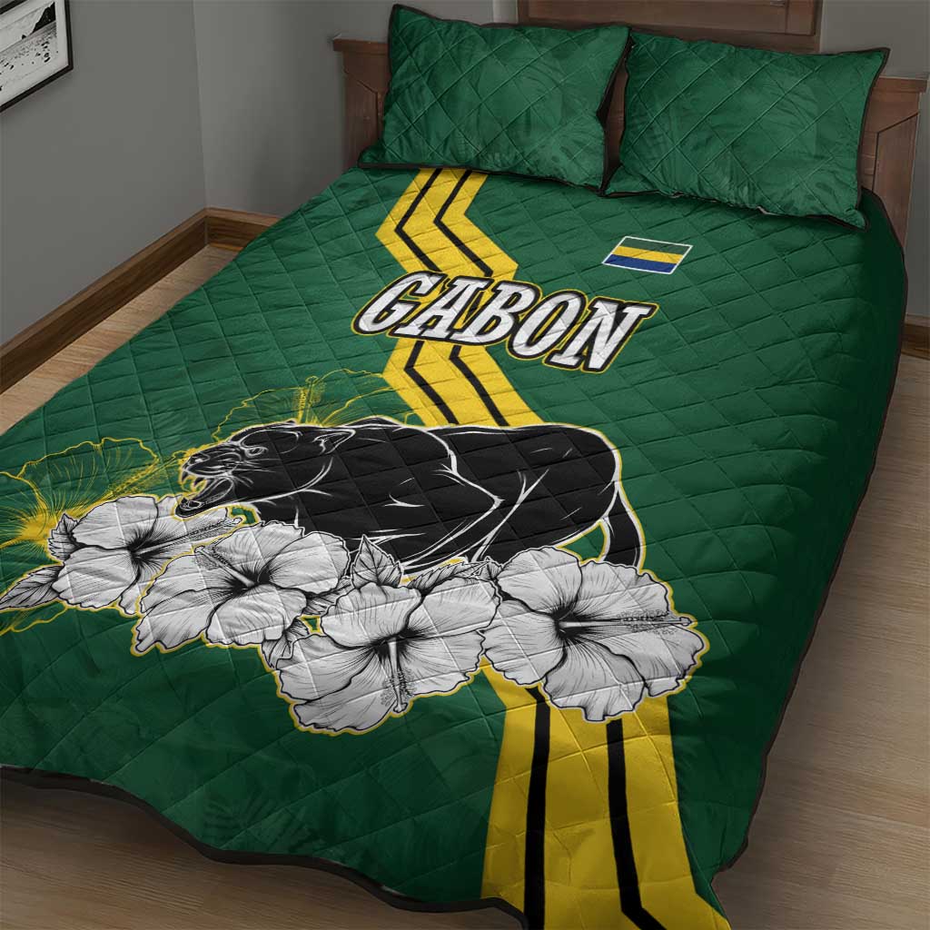 Gabon Quilt Bed Set - Black Panther Graphic and Hibiscus Flower Design in National Colors TS04