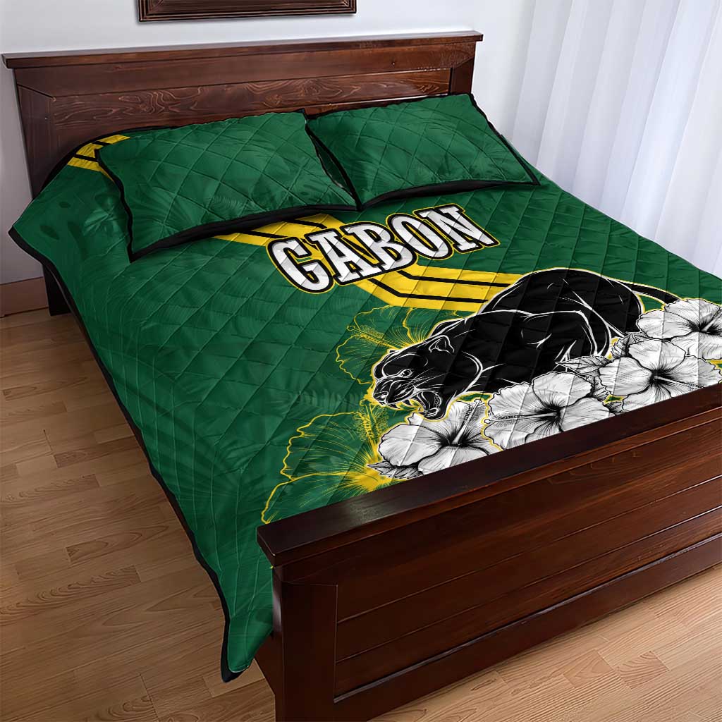 Gabon Quilt Bed Set - Black Panther Graphic and Hibiscus Flower Design in National Colors TS04