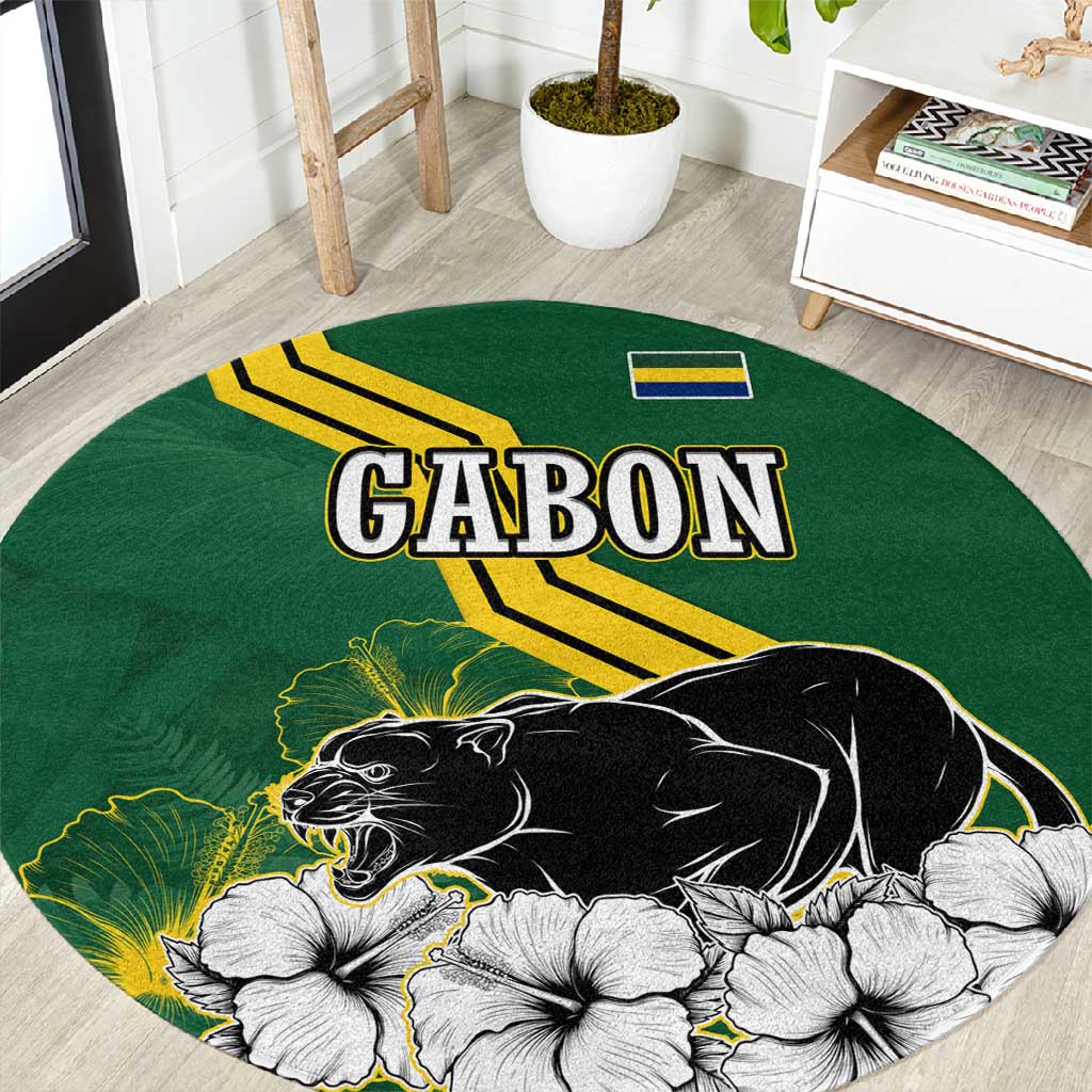 Gabon Round Carpet - Black Panther Graphic and Hibiscus Flower Design in National Colors TS04