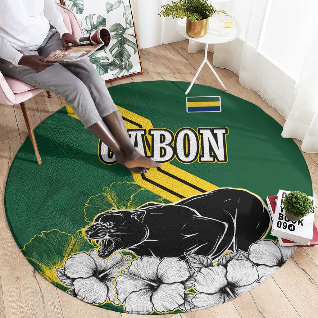 Gabon Round Carpet - Black Panther Graphic and Hibiscus Flower Design in National Colors TS04