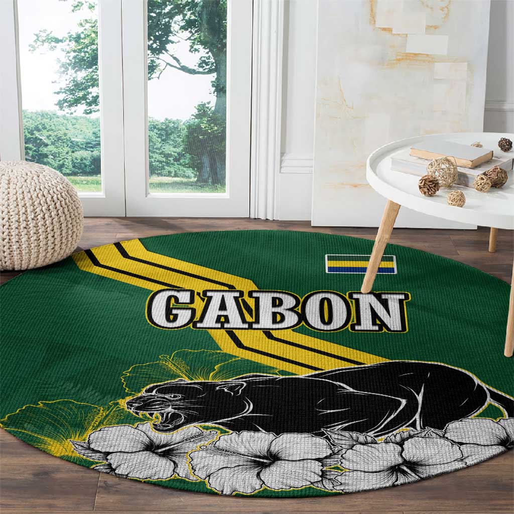Gabon Round Carpet - Black Panther Graphic and Hibiscus Flower Design in National Colors TS04