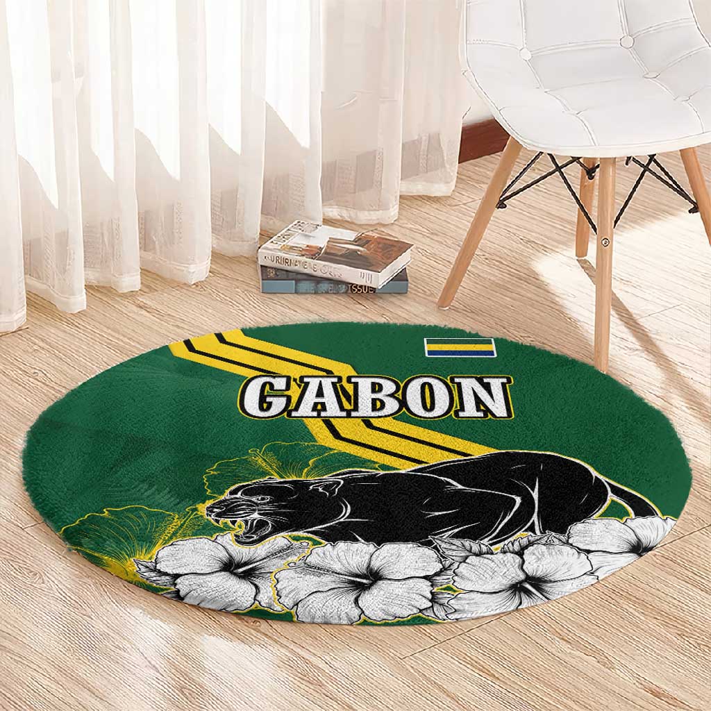 Gabon Round Carpet - Black Panther Graphic and Hibiscus Flower Design in National Colors TS04
