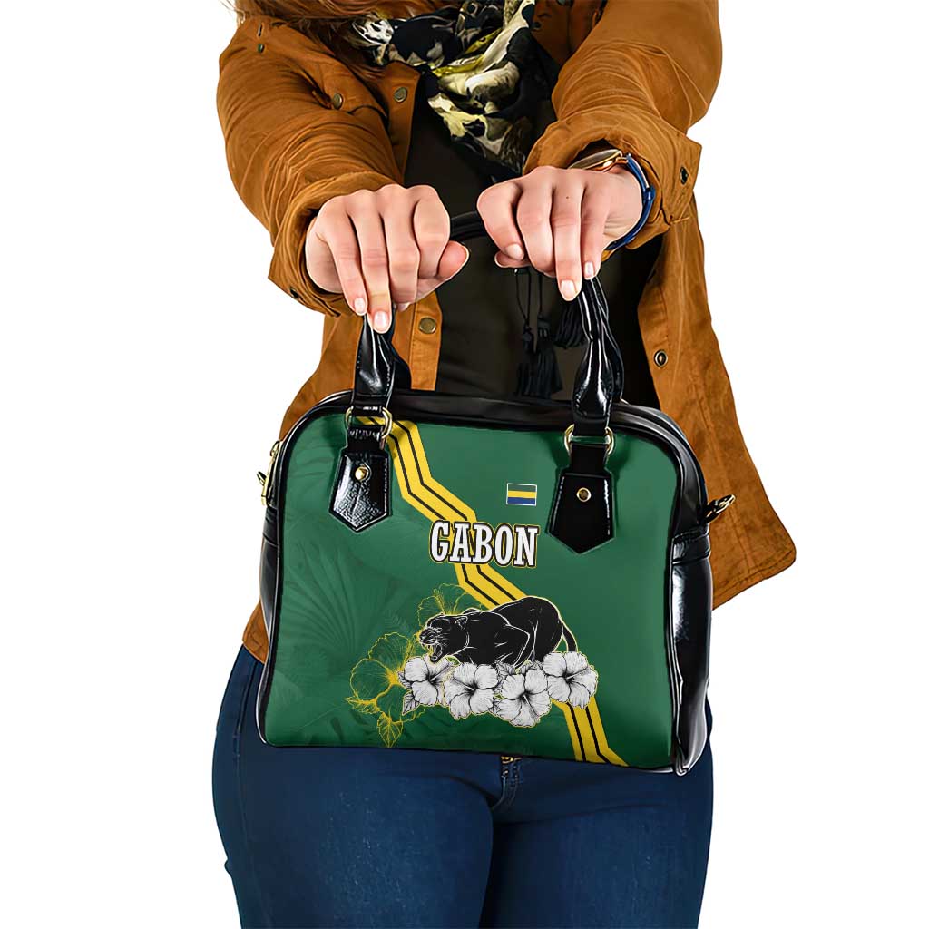 Gabon Shoulder Handbag with Black Panther Graphic and Hibiscus Flower Design in National Colors TS04